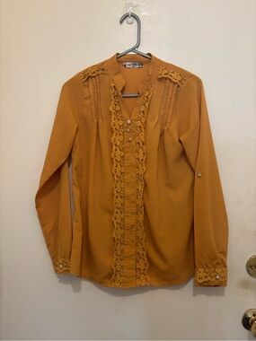 Miss SHE Mustard Lace Trim Blouse | Size 40 Medium | Vintage Inspired